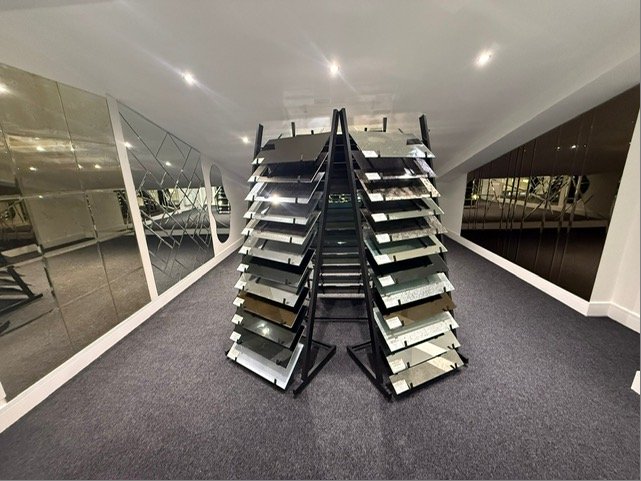 Glass colour samples and finishes Manchester showroom